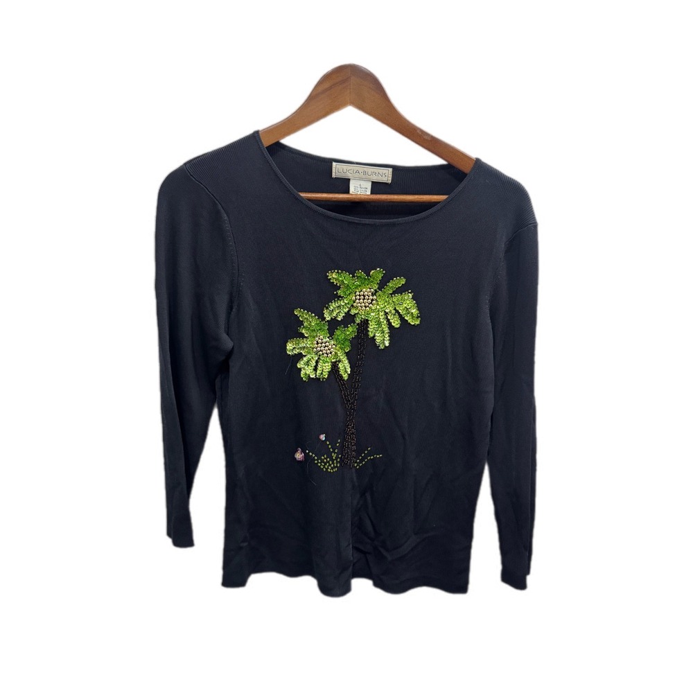 Lucia Burns Palm Tree Sweater Womens Large Black Excellent Beaded Sequined